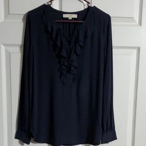 LOFT Women's Navy Laced Ruffle Neck Long Sleeve Top Size XS